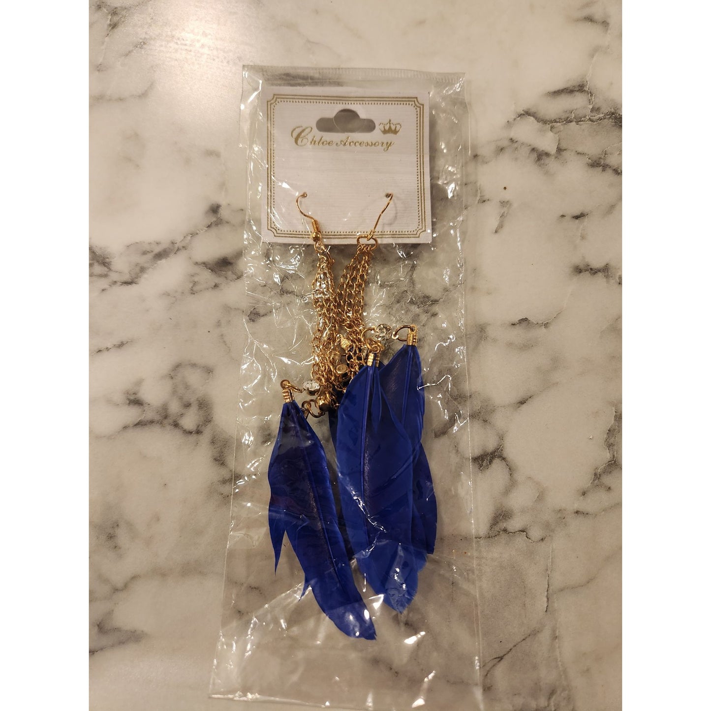 Chloe Accessory Blue Feather & Gold Tone Chain Dangle Earrings