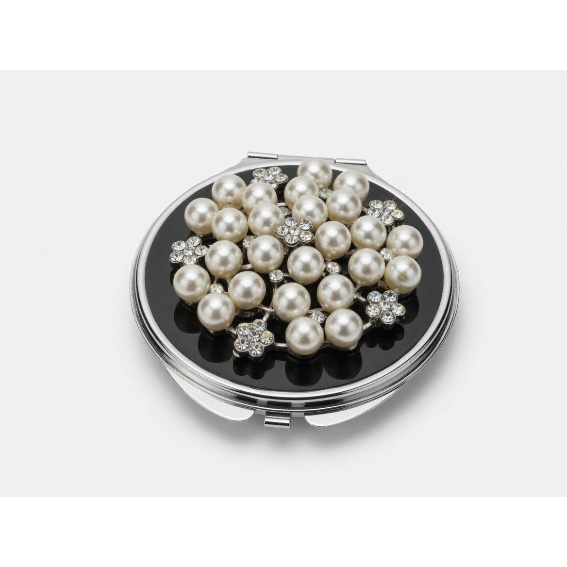 Elegant Faux Pearl & Rhinestone Compact Makeup Mirror Double Sided Vintage Style