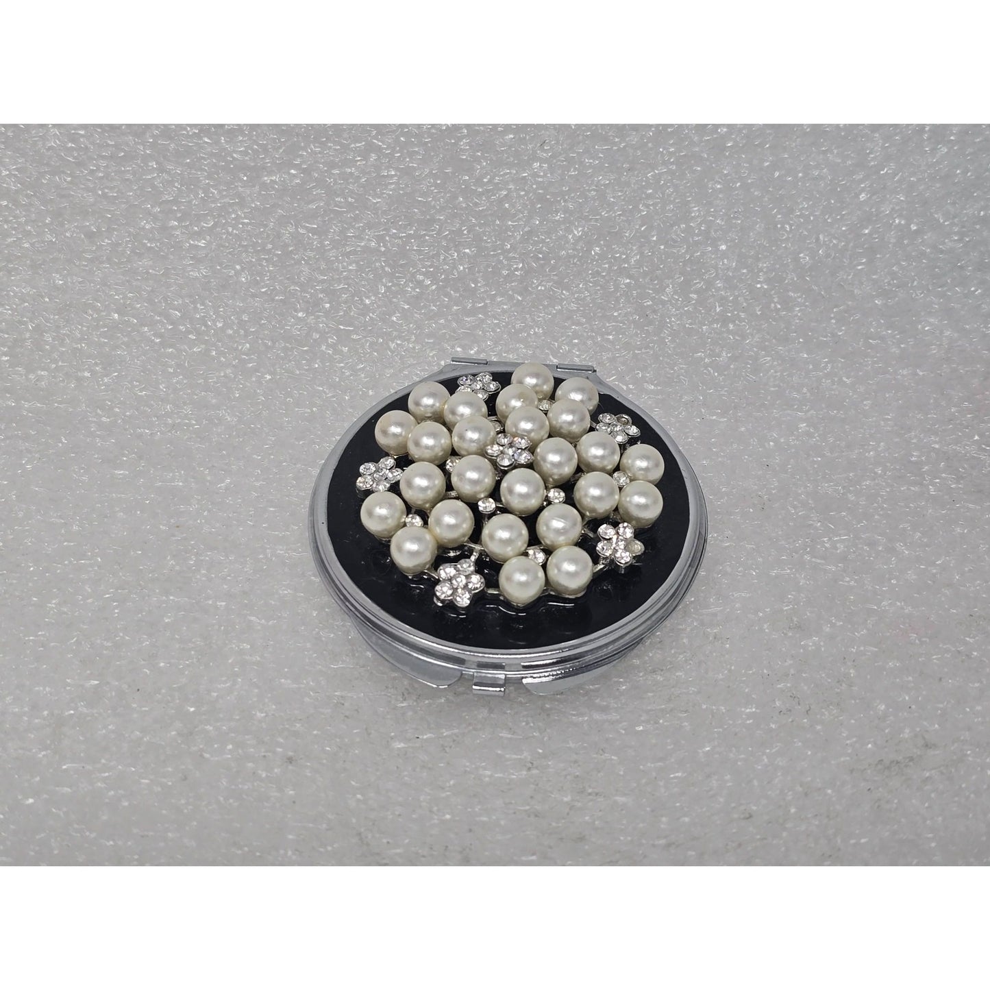 Elegant Faux Pearl & Rhinestone Compact Makeup Mirror Double Sided Vintage Style