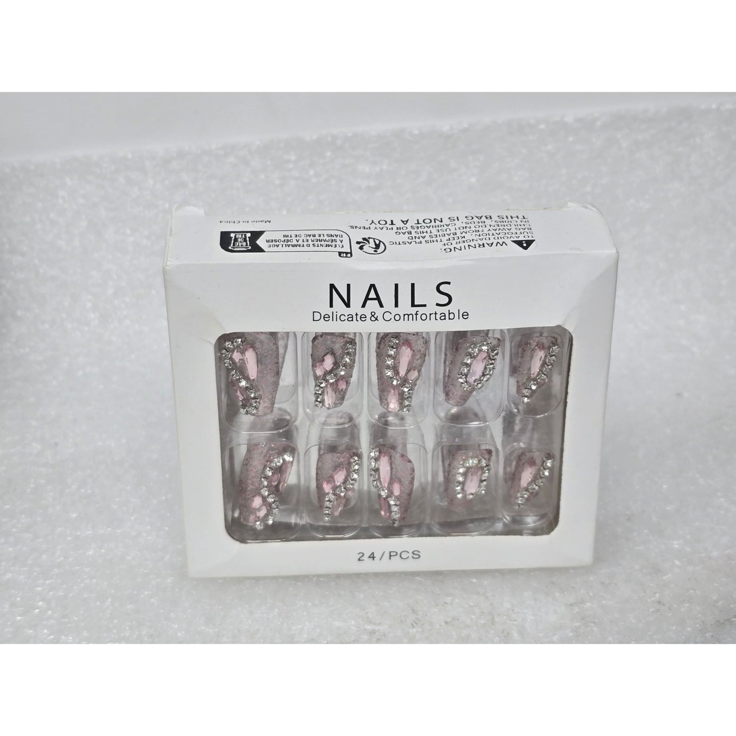 Delicate Pink Rhinestone Press-On Nails 24 Pieces Easy Application Durable