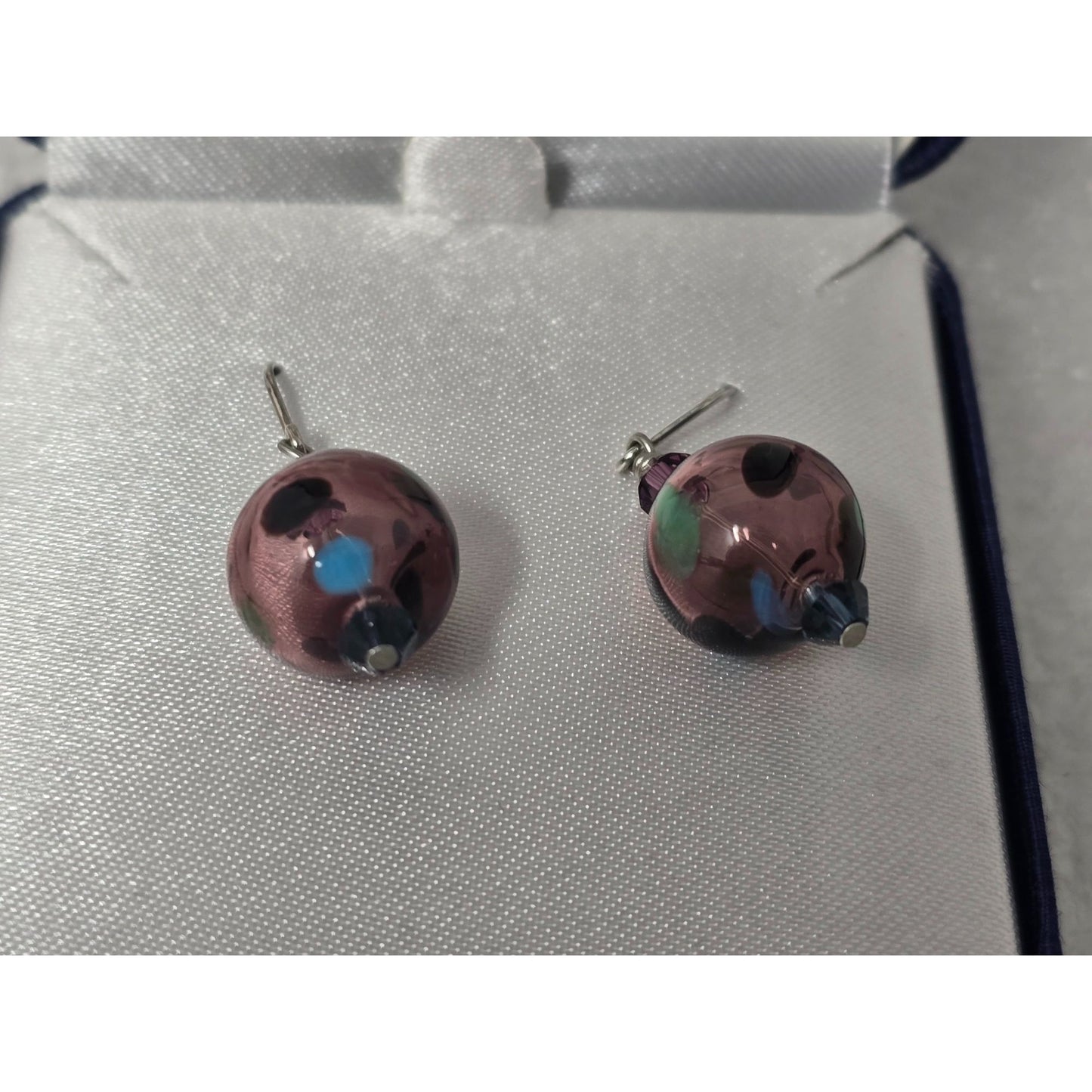 Handblown Artisan Glass Bead Earrings .925 Sterling Silver Purple Polka Dot Drop