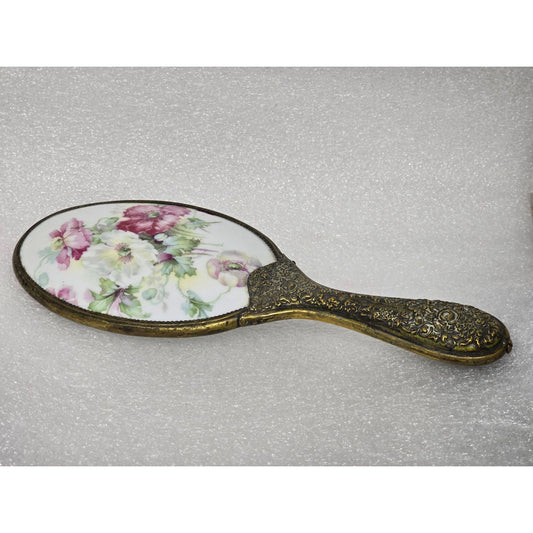 Vintage Ornate Handheld Mirror Floral Porcelain Antique Brass Vanity Victorian