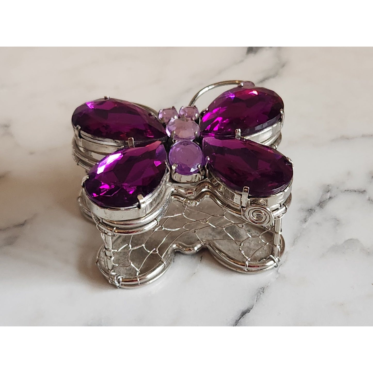Purple Rhinestone Butterfly Jewelry Trinket Box With Silver Wire Mesh Design