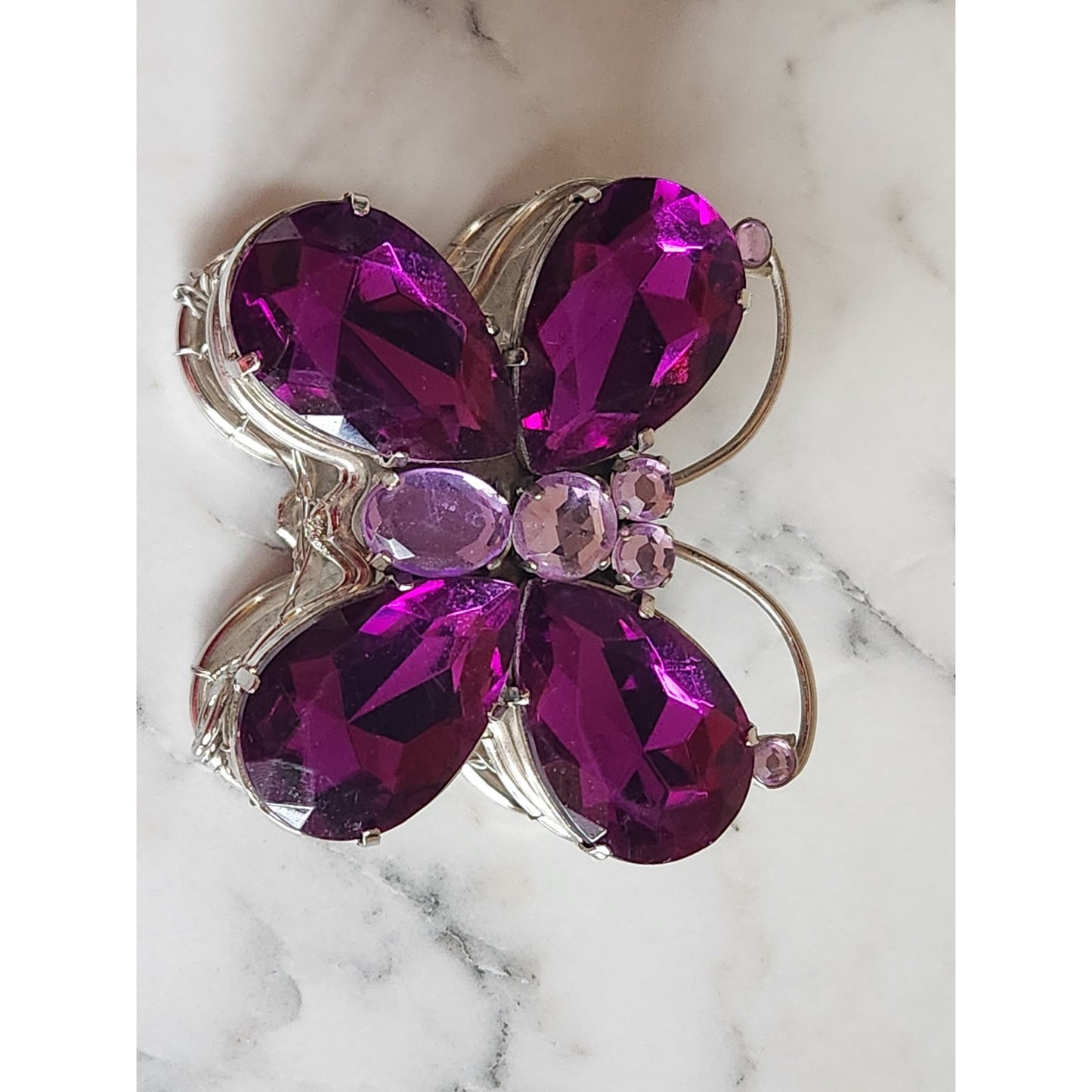 Purple Rhinestone Butterfly Jewelry Trinket Box With Silver Wire Mesh Design