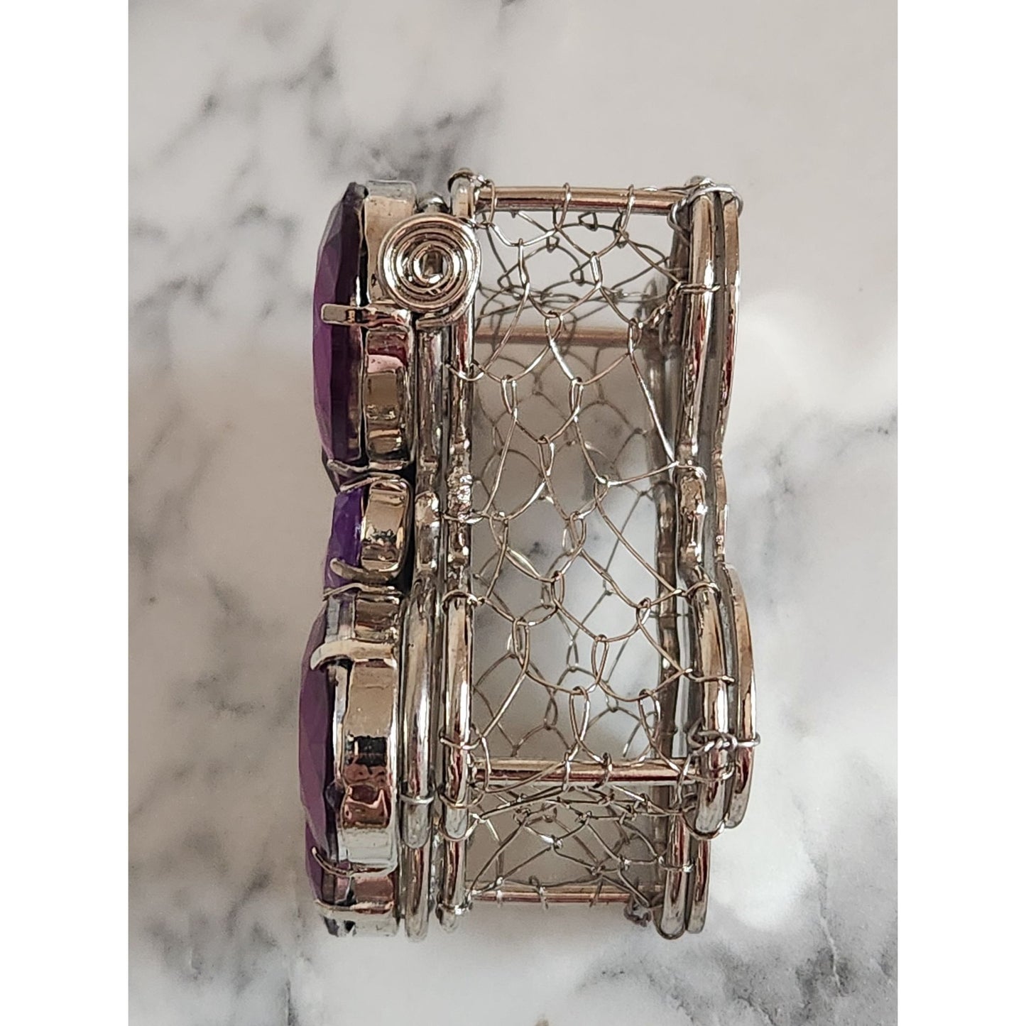 Purple Rhinestone Butterfly Jewelry Trinket Box With Silver Wire Mesh Design