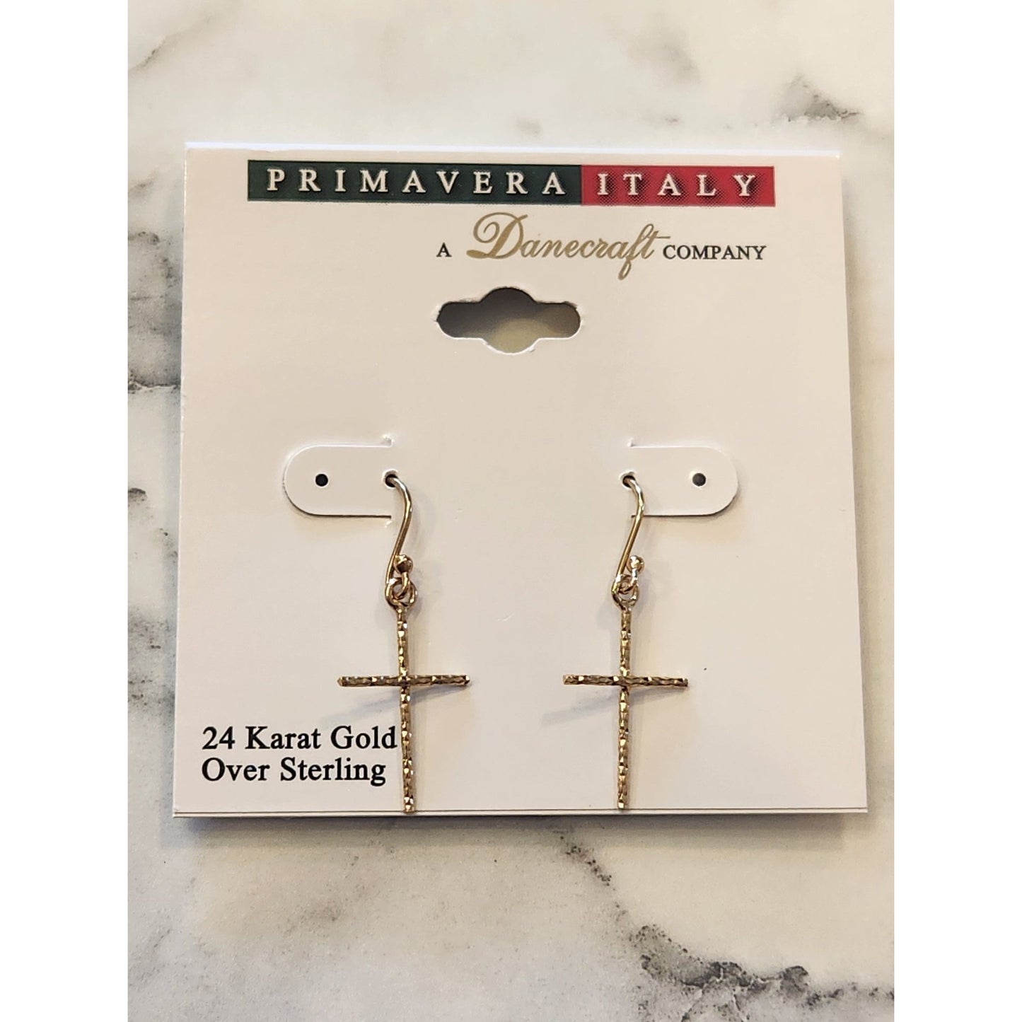 Danecraft 24K Gold Over Sterling Silver Cross Dangle Earrings Primavera Italy