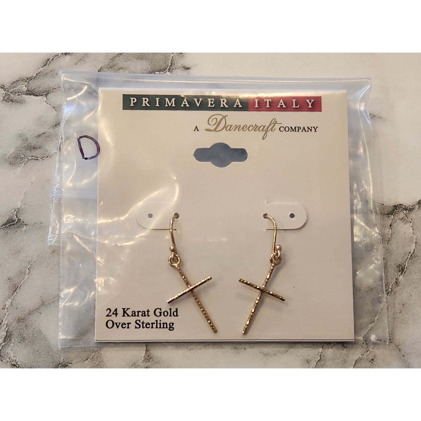 Danecraft 24K Gold Over Sterling Silver Cross Dangle Earrings Primavera Italy