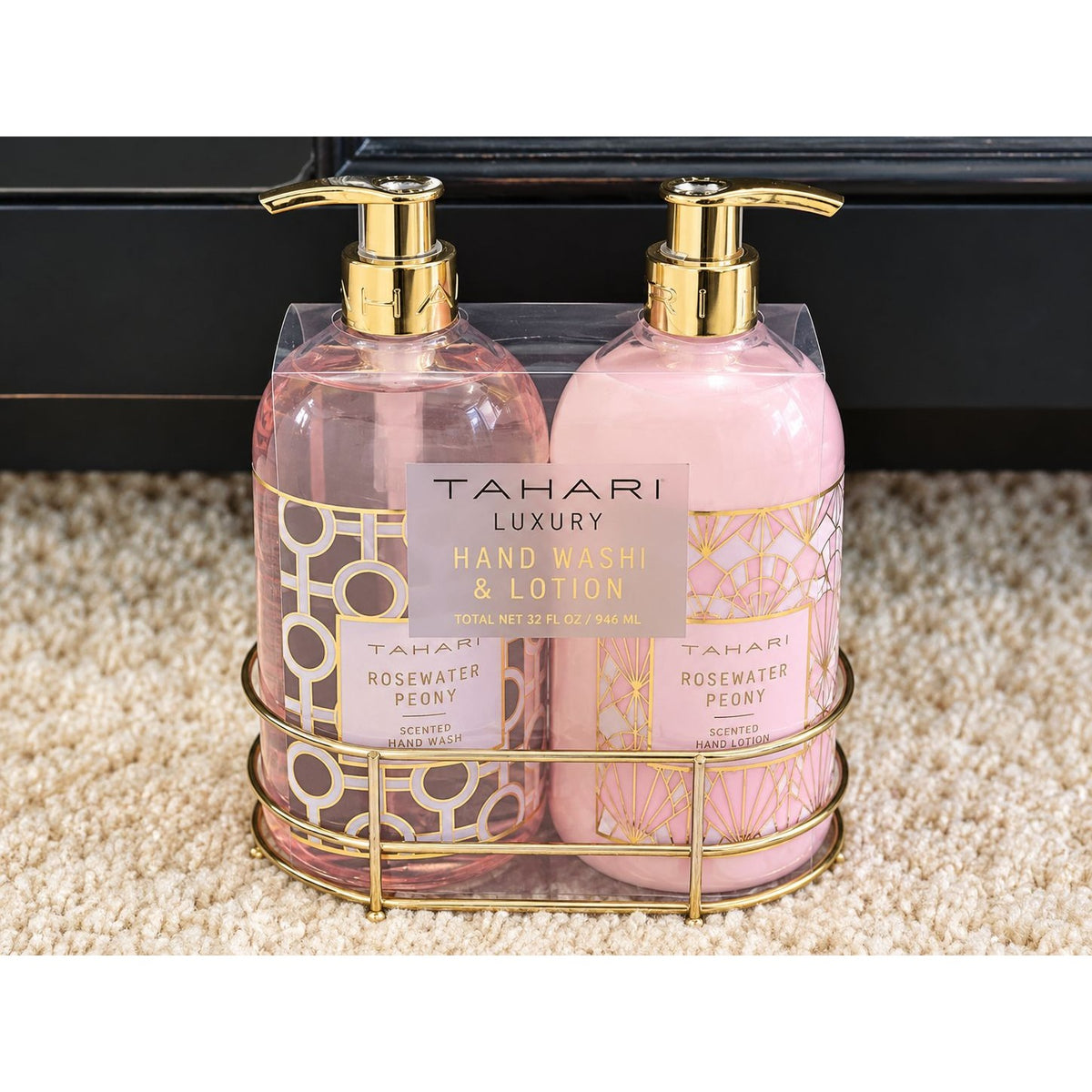 Tahari Luxury Rosewater Peony Hand Wash & Lotion Gift Set 32 oz Gold Caddy