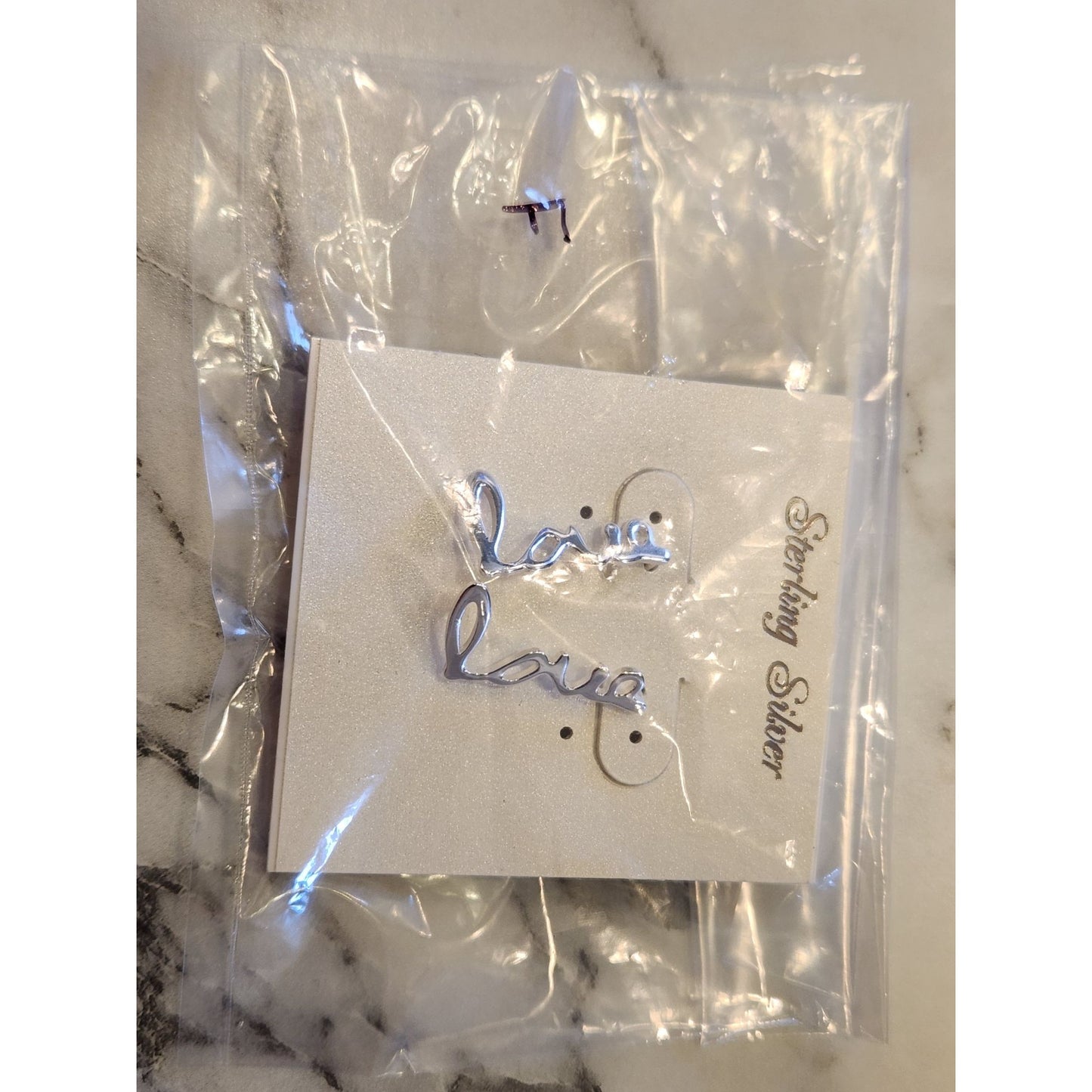 Sterling Silver "Love" Text Drop Earrings With Secure Backing