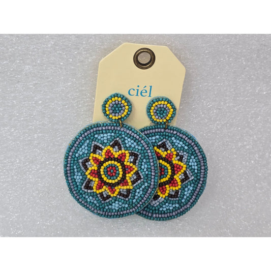 Ciel Handmade Beaded Round Earrings With Floral Design In Blue & Yellow