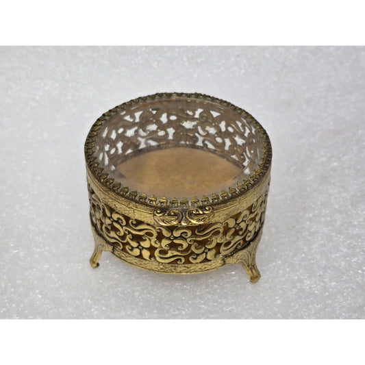 Vintage Hollywood Regency Gold Filigree Trinket Jewelry Box Glass Lid Footed