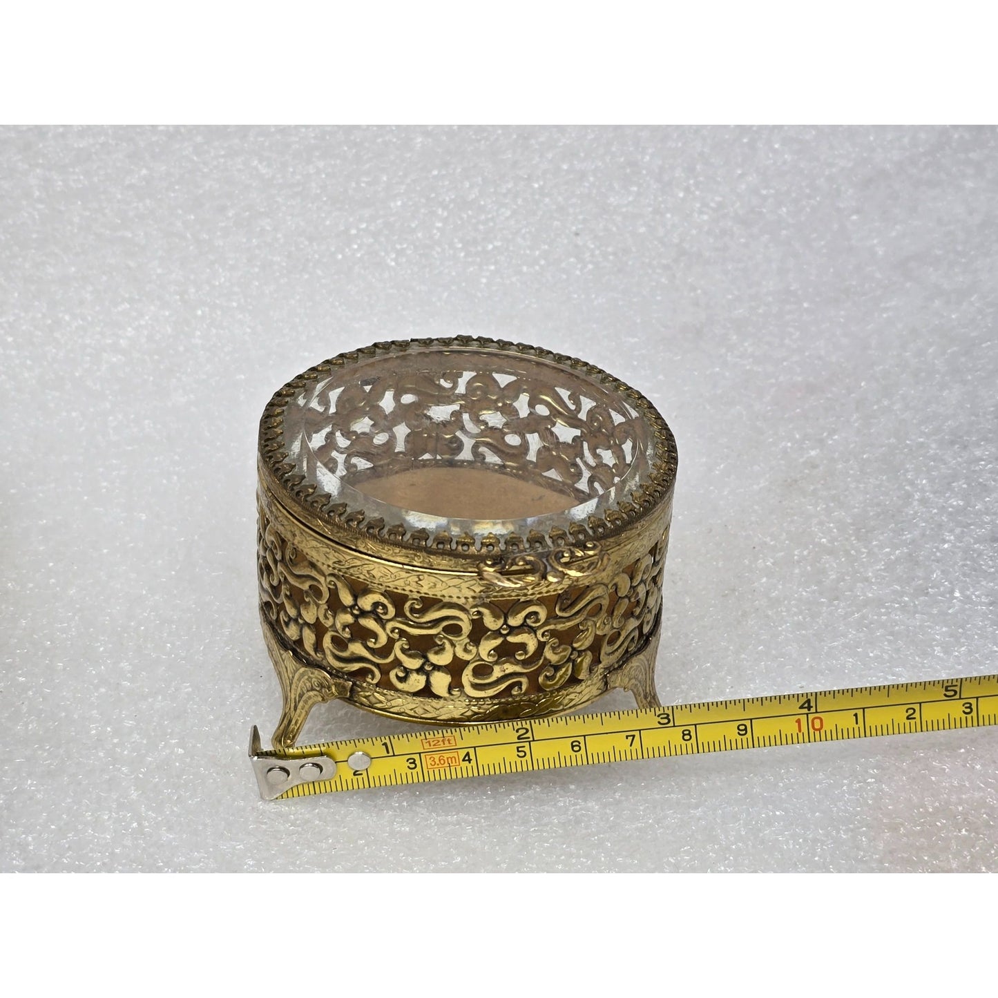 Vintage Hollywood Regency Gold Filigree Trinket Jewelry Box Glass Lid Footed