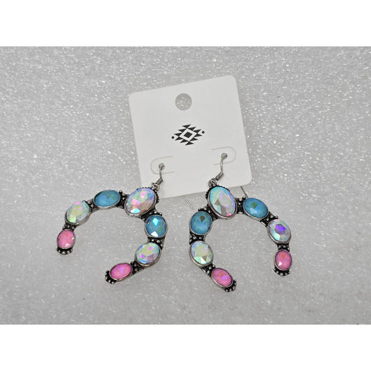 Opalescent Blue & Pink Crystal Horseshoe Western Earrings