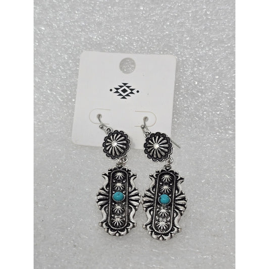 Southwestern Style Silver Tone & Faux Turquoise Western Dangle Earrings