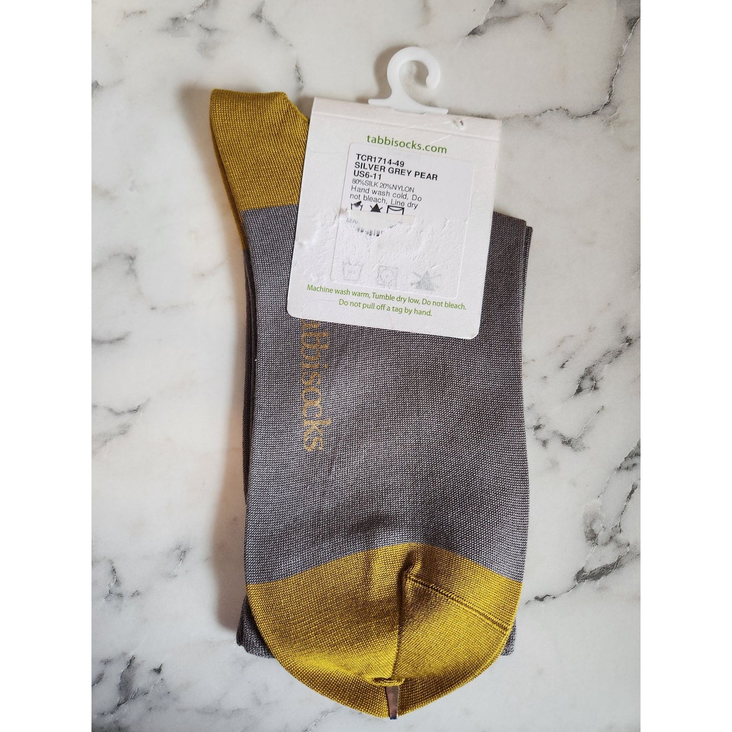 Tabbisocks Silver Grey & Pear Crew Socks US6-11 80% Silk Lightweight & Soft