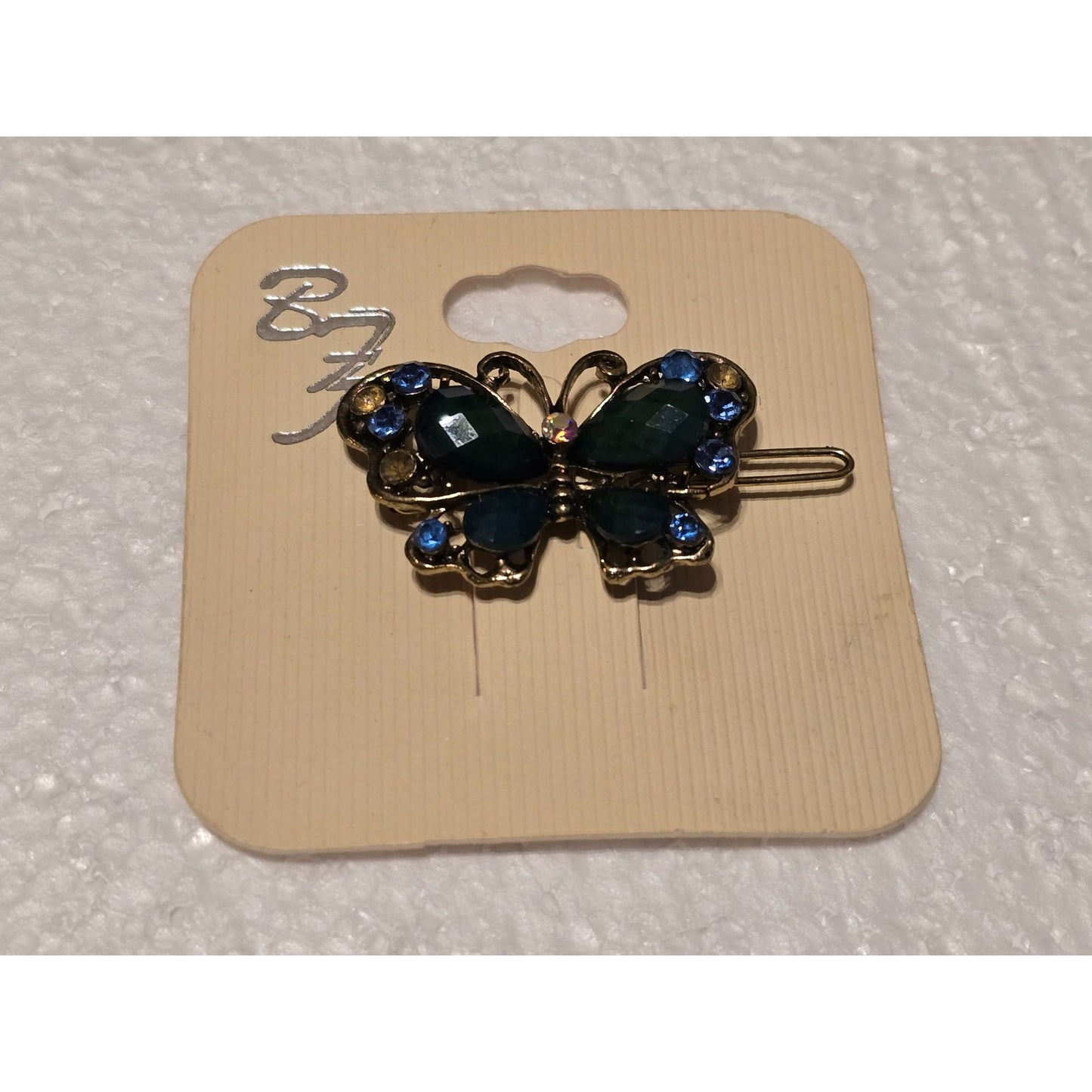 Gold Tone Butterfly Hair Clip Barrette Blue Rhinestones (missing 3 see pictures)
