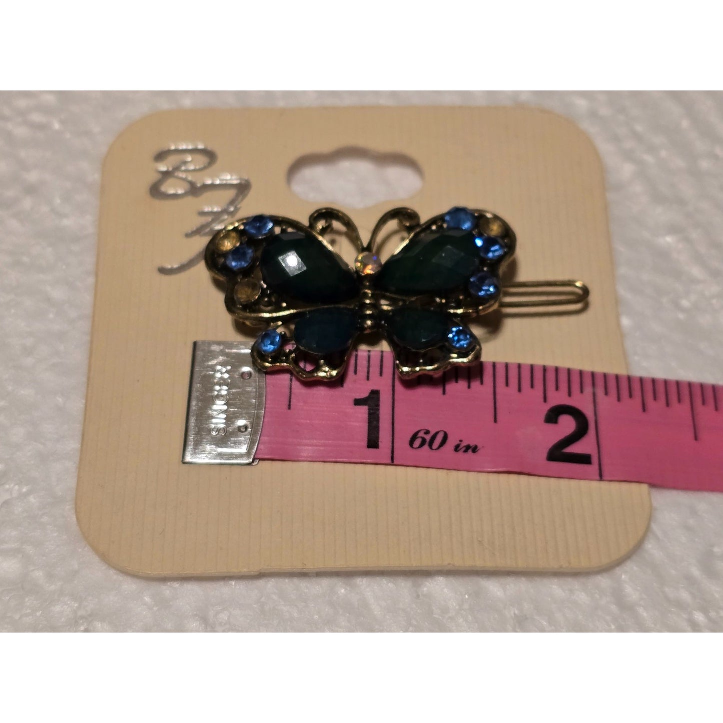 Gold Tone Butterfly Hair Clip Barrette Blue Rhinestones (missing 3 see pictures)