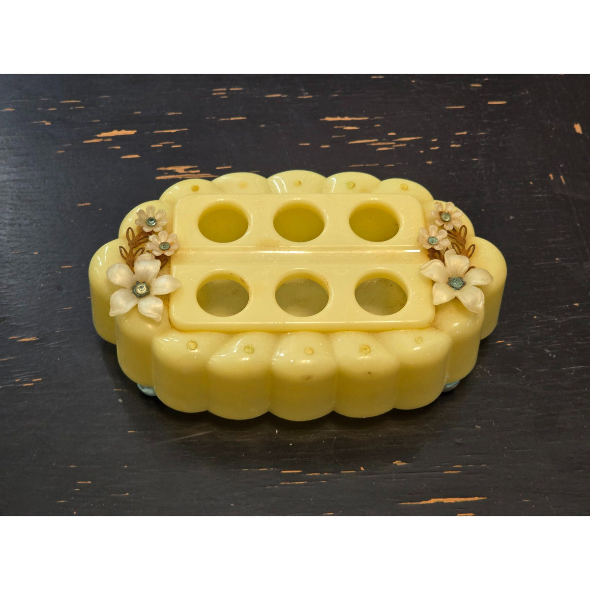 Vintage Menda Yellow Plastic Lipstick Holder Floral Vanity Organizer Retro MCM