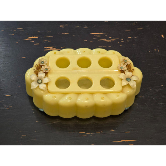 Vintage Menda Yellow Plastic Lipstick Holder Floral Vanity Organizer Retro MCM