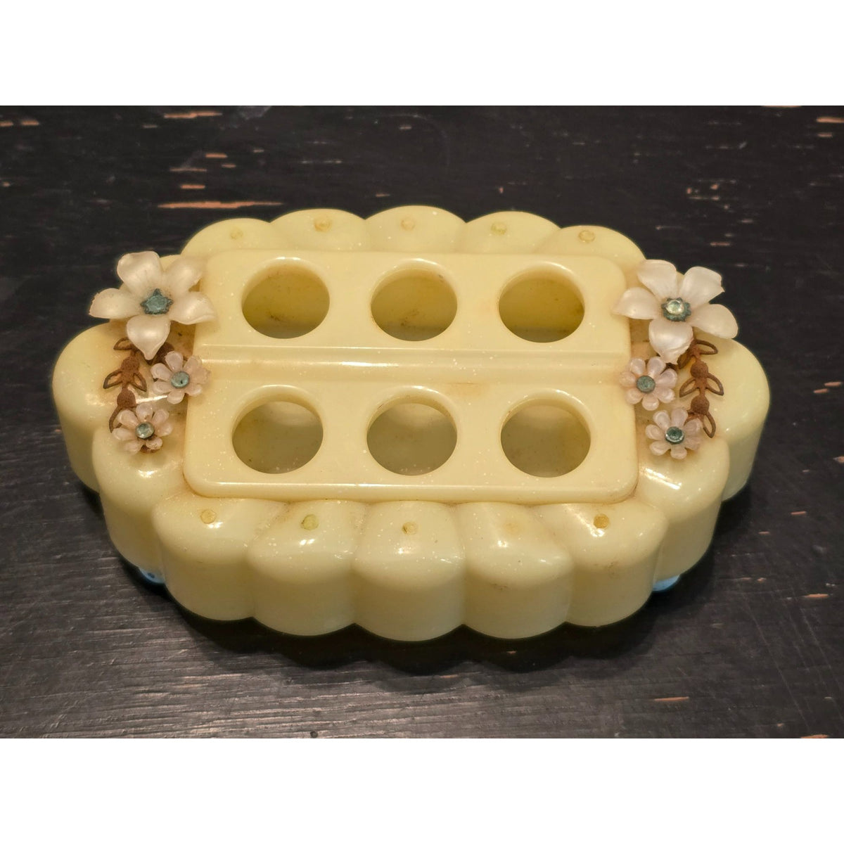 Vintage Menda Yellow Plastic Lipstick Holder Floral Vanity Organizer Retro MCM
