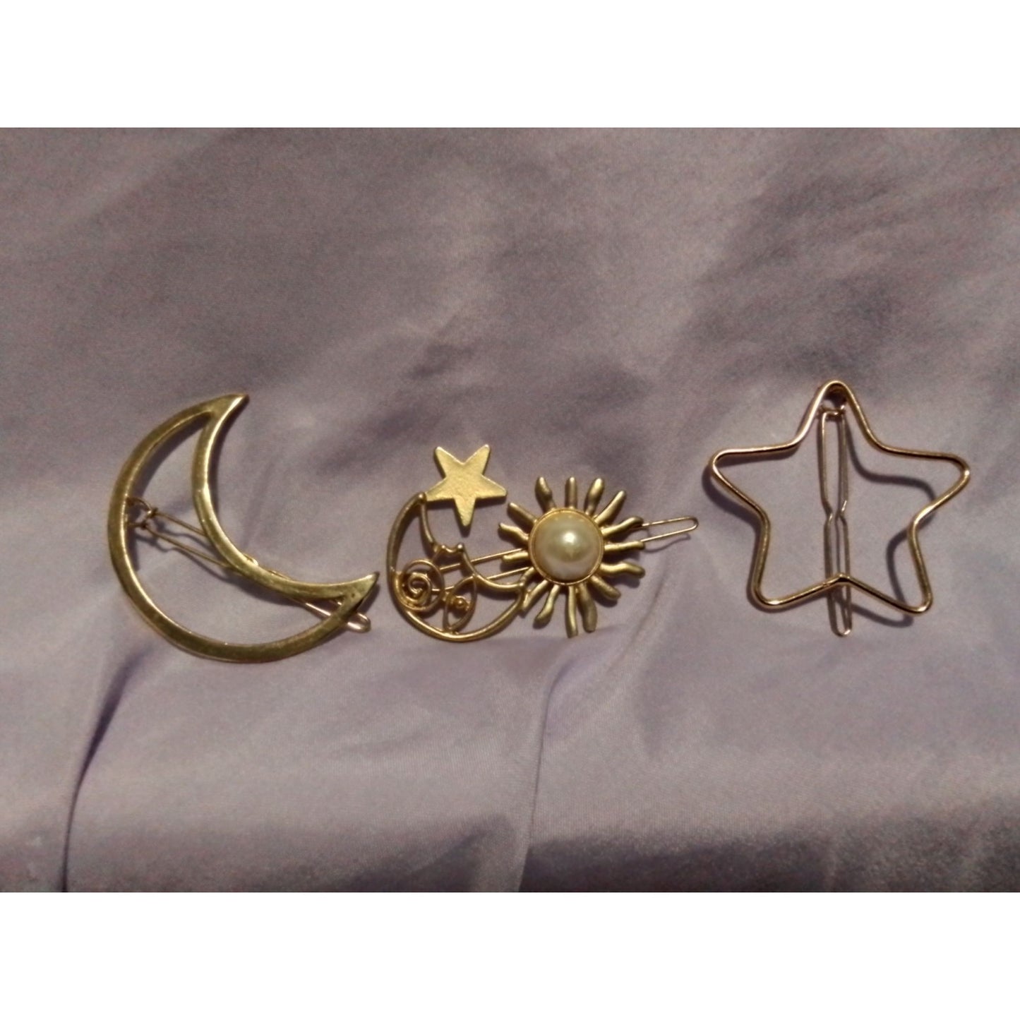 Crescent Moon Sun & Star Hair Clip Barrette Set Gold Tone Faux Pearl