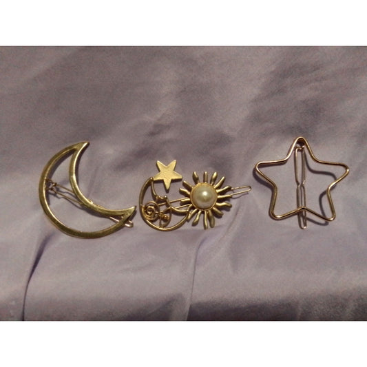 Crescent Moon Sun & Star Hair Clip Barrette Set Gold Tone Faux Pearl