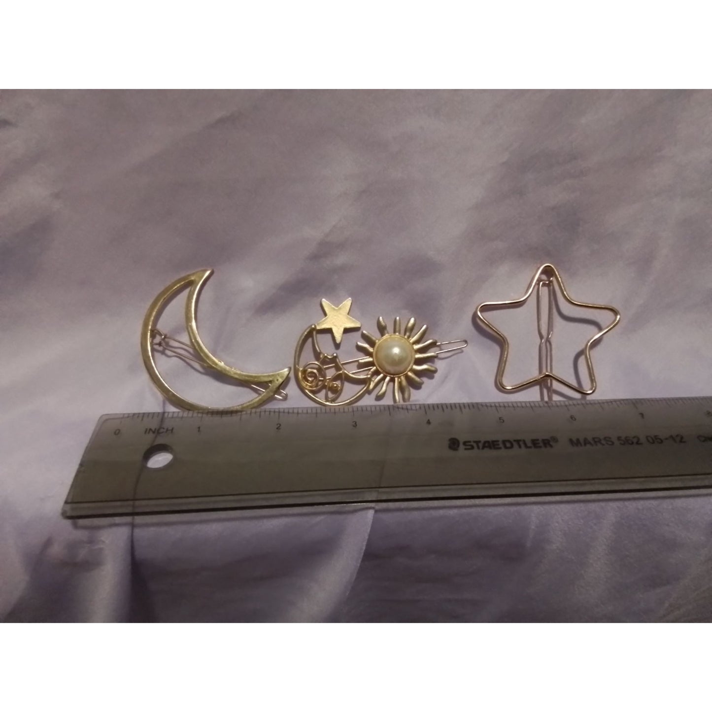 Crescent Moon Sun & Star Hair Clip Barrette Set Gold Tone Faux Pearl