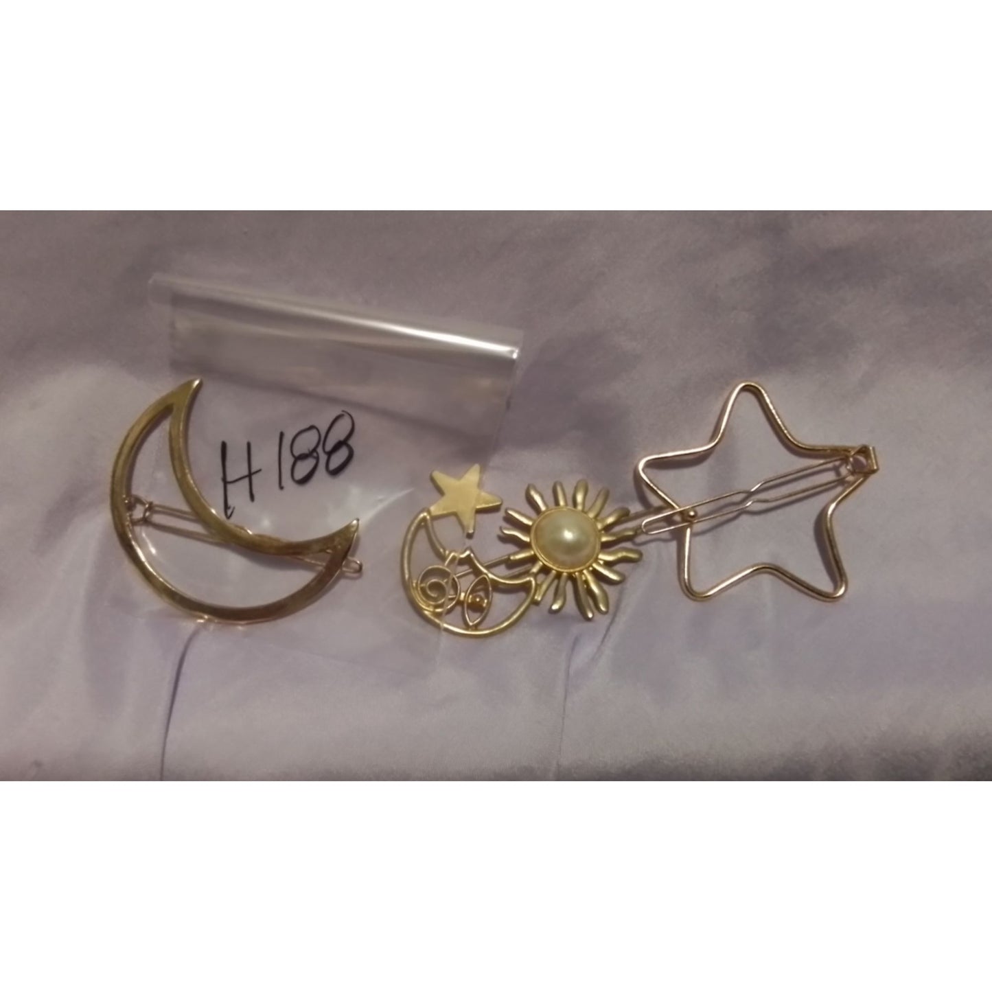 Crescent Moon Sun & Star Hair Clip Barrette Set Gold Tone Faux Pearl