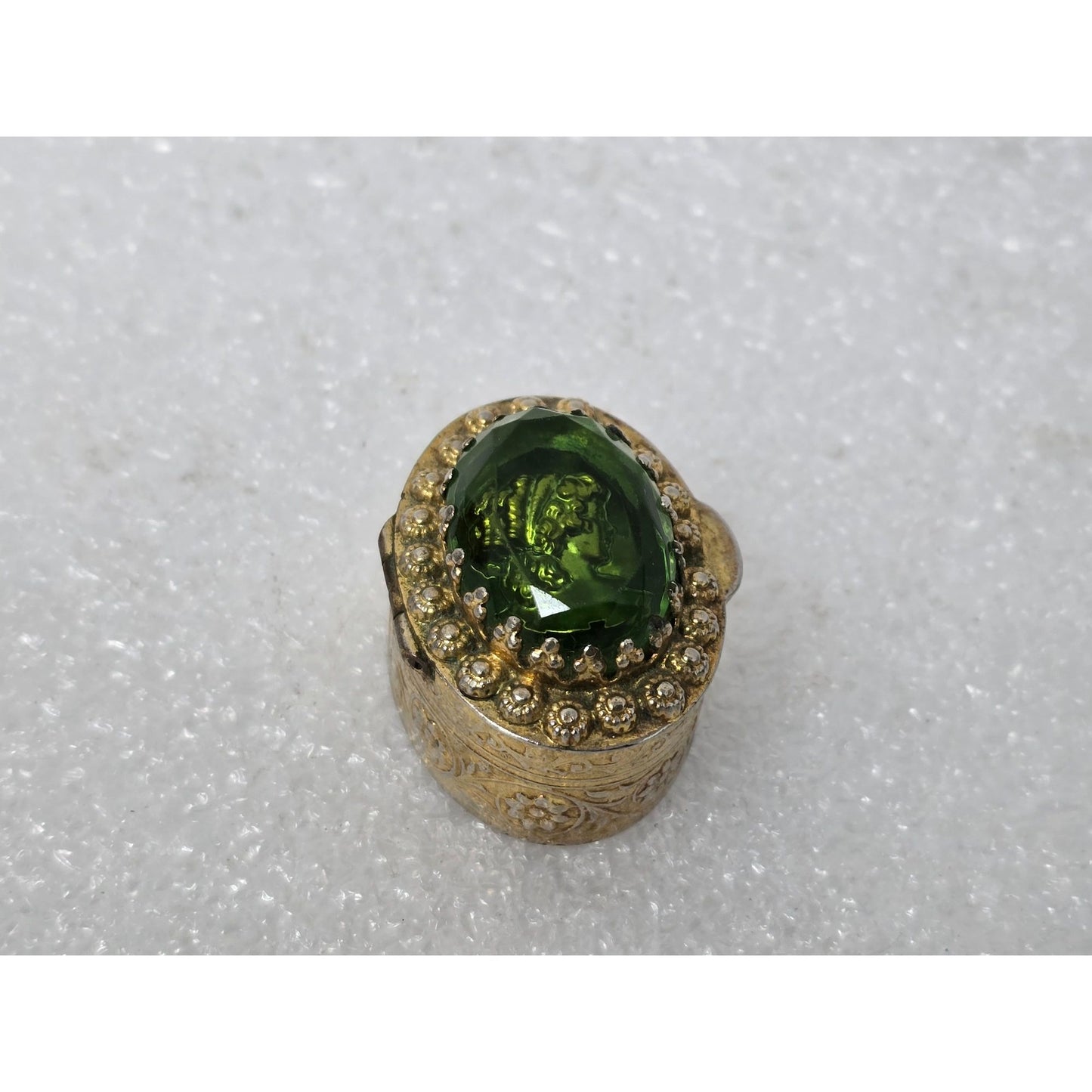 Vintage Italian Cameo Pill Box Green Glass Cameo Gold Tone Trinket Box Italy