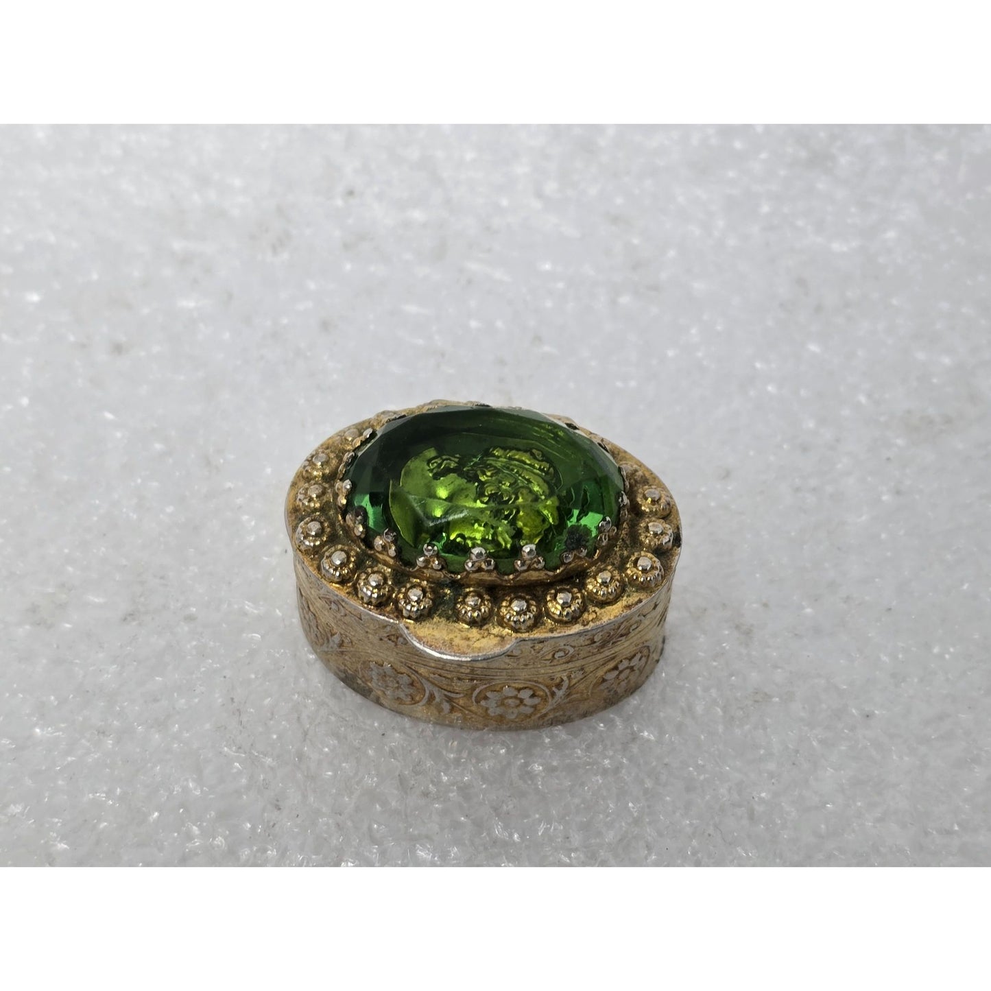 Vintage Italian Cameo Pill Box Green Glass Cameo Gold Tone Trinket Box Italy