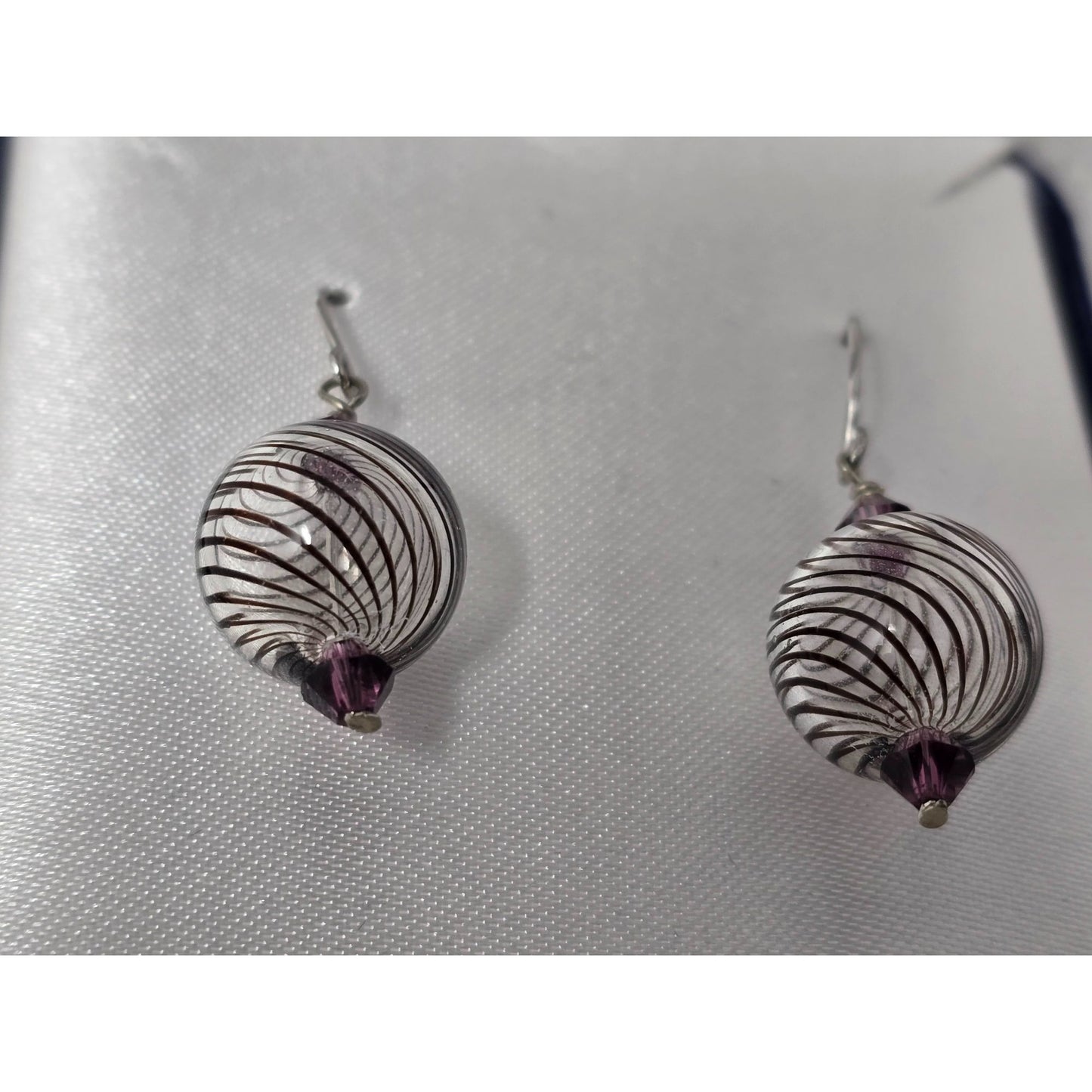 .925 Sterling Silver Handblown Artisan Glass Dangle Earrings With Purple Accents