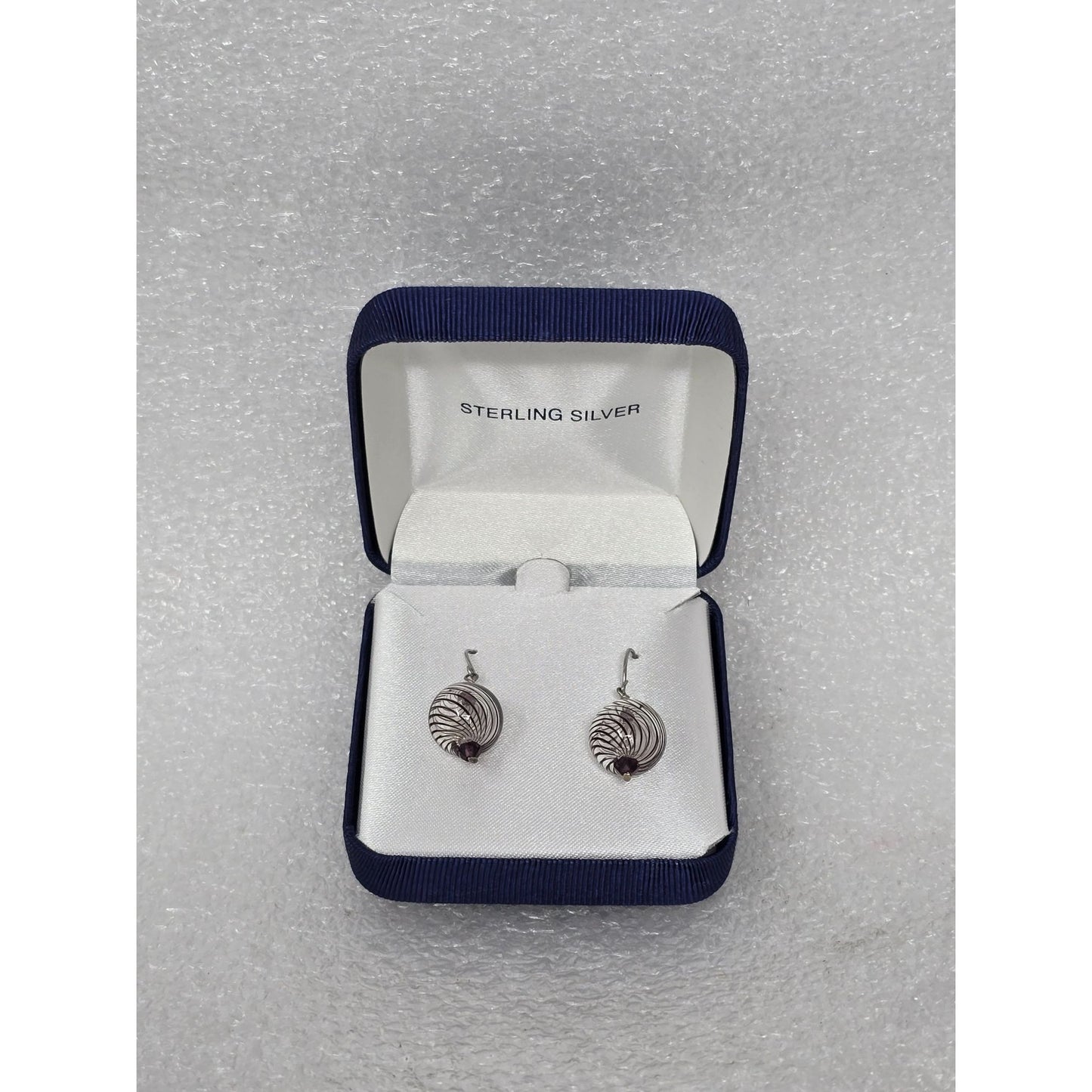 .925 Sterling Silver Handblown Artisan Glass Dangle Earrings With Purple Accents