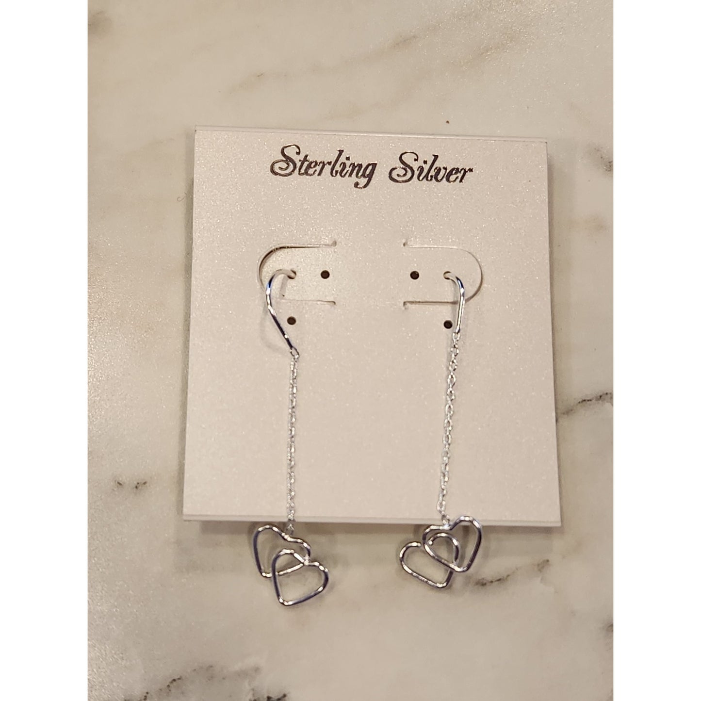 Sterling Silver Double Heart Threader Earrings With Chain Design