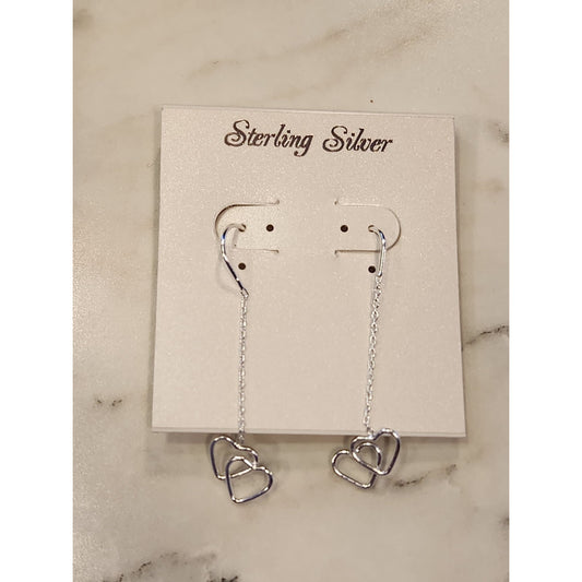 Sterling Silver Double Heart Threader Earrings With Chain Design