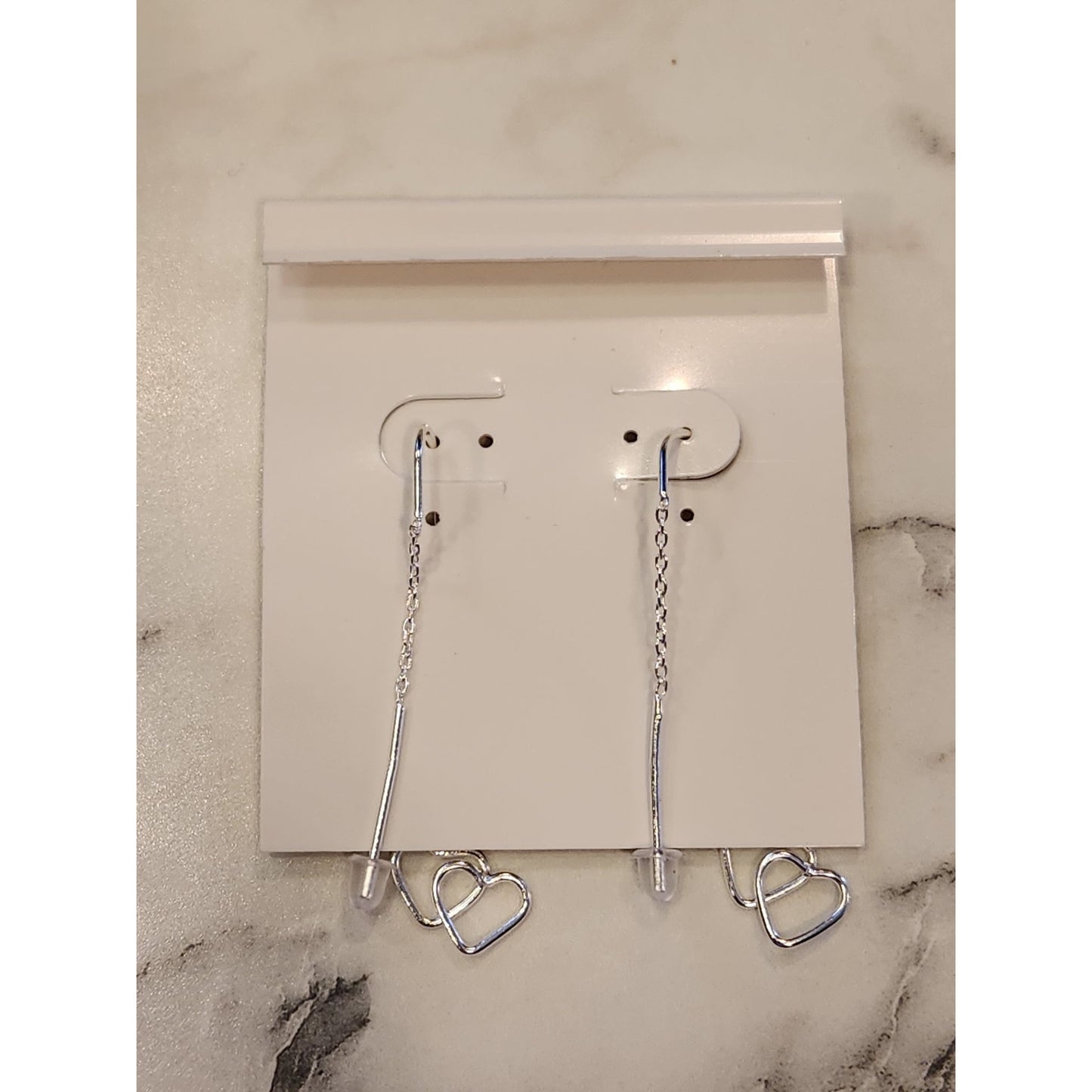 Sterling Silver Double Heart Threader Earrings With Chain Design
