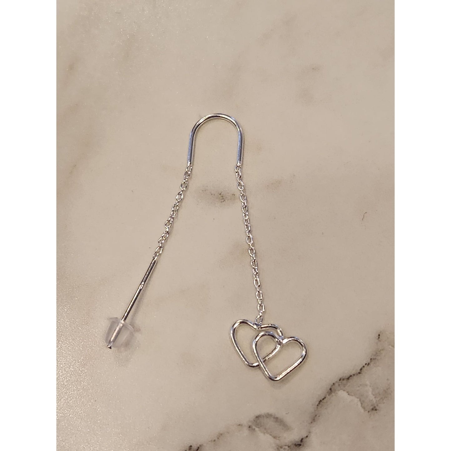 Sterling Silver Double Heart Threader Earrings With Chain Design