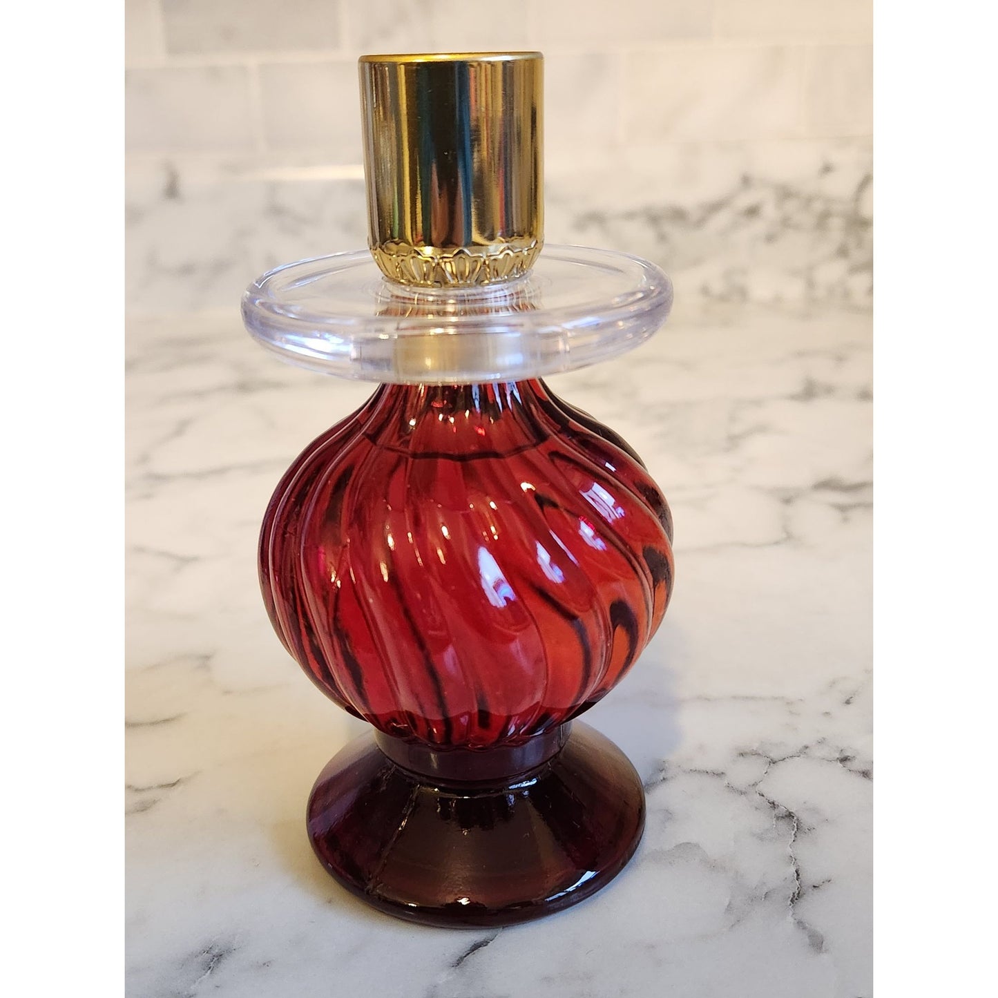 Vintage Avon Candlestick Elusive Cologne Bottle 4 Fl Oz Red Glass Swirl Design