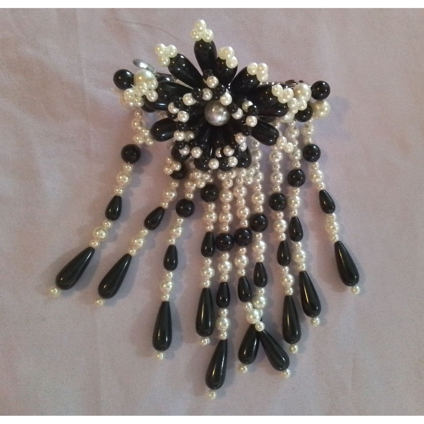 Vintage Black & White Beaded Hair Clip With Faux Pearl Accents