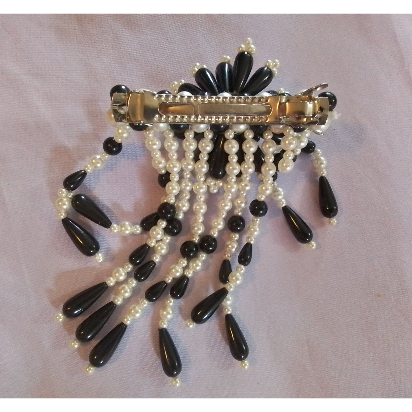 Vintage Black & White Beaded Hair Clip With Faux Pearl Accents