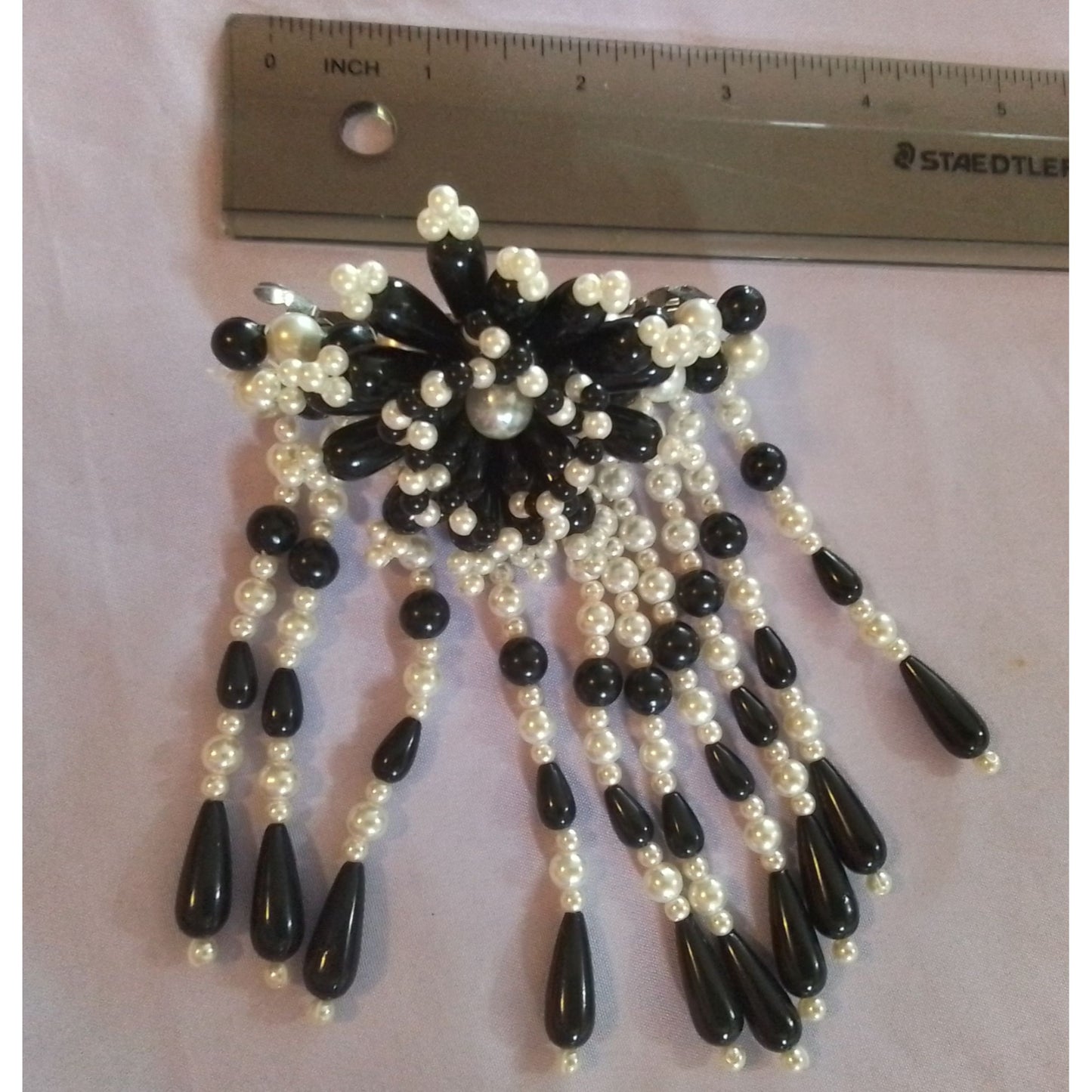 Vintage Black & White Beaded Hair Clip With Faux Pearl Accents