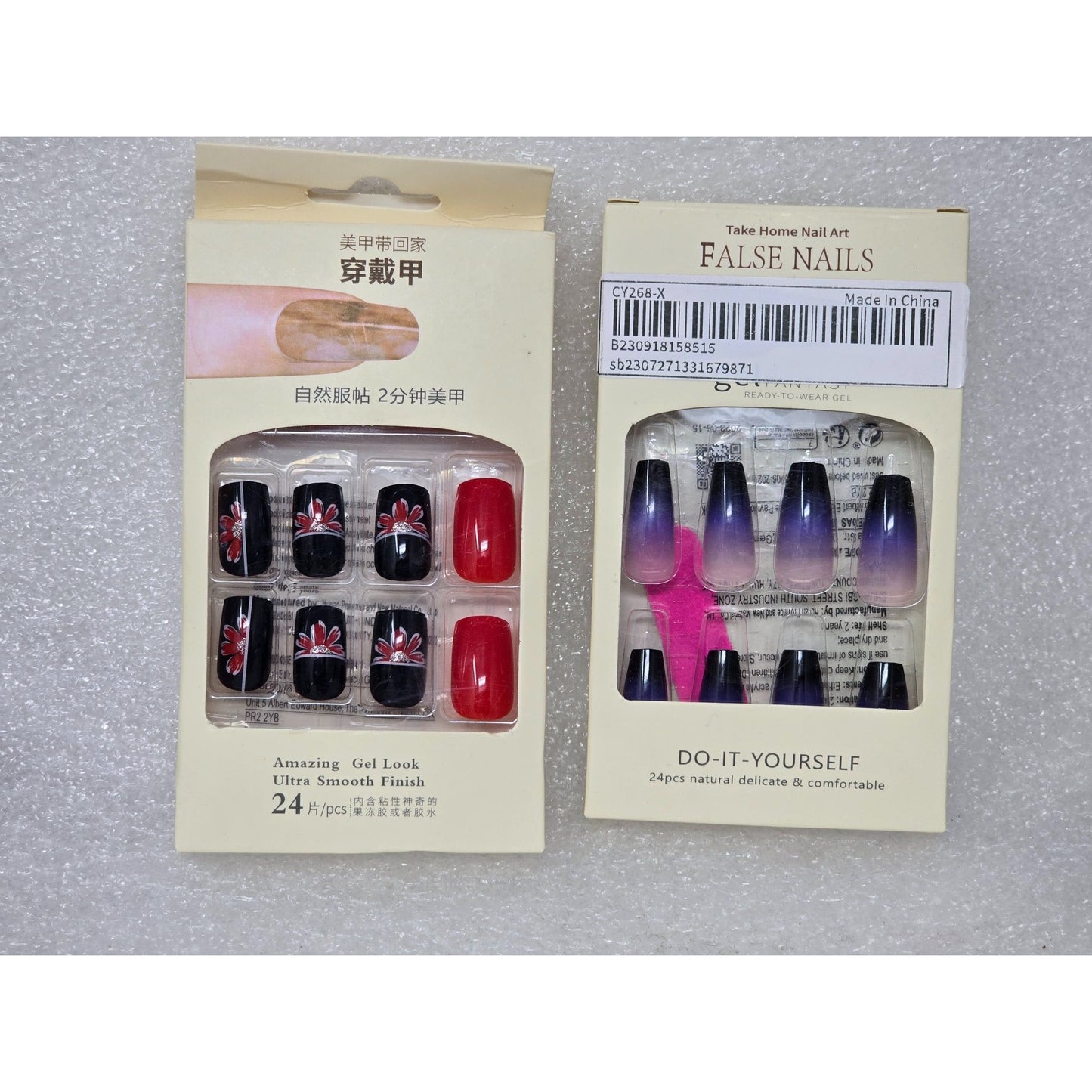 Press On Nails Bundle Black Red Floral & Purple Ombre Coffin False Nails Sets
