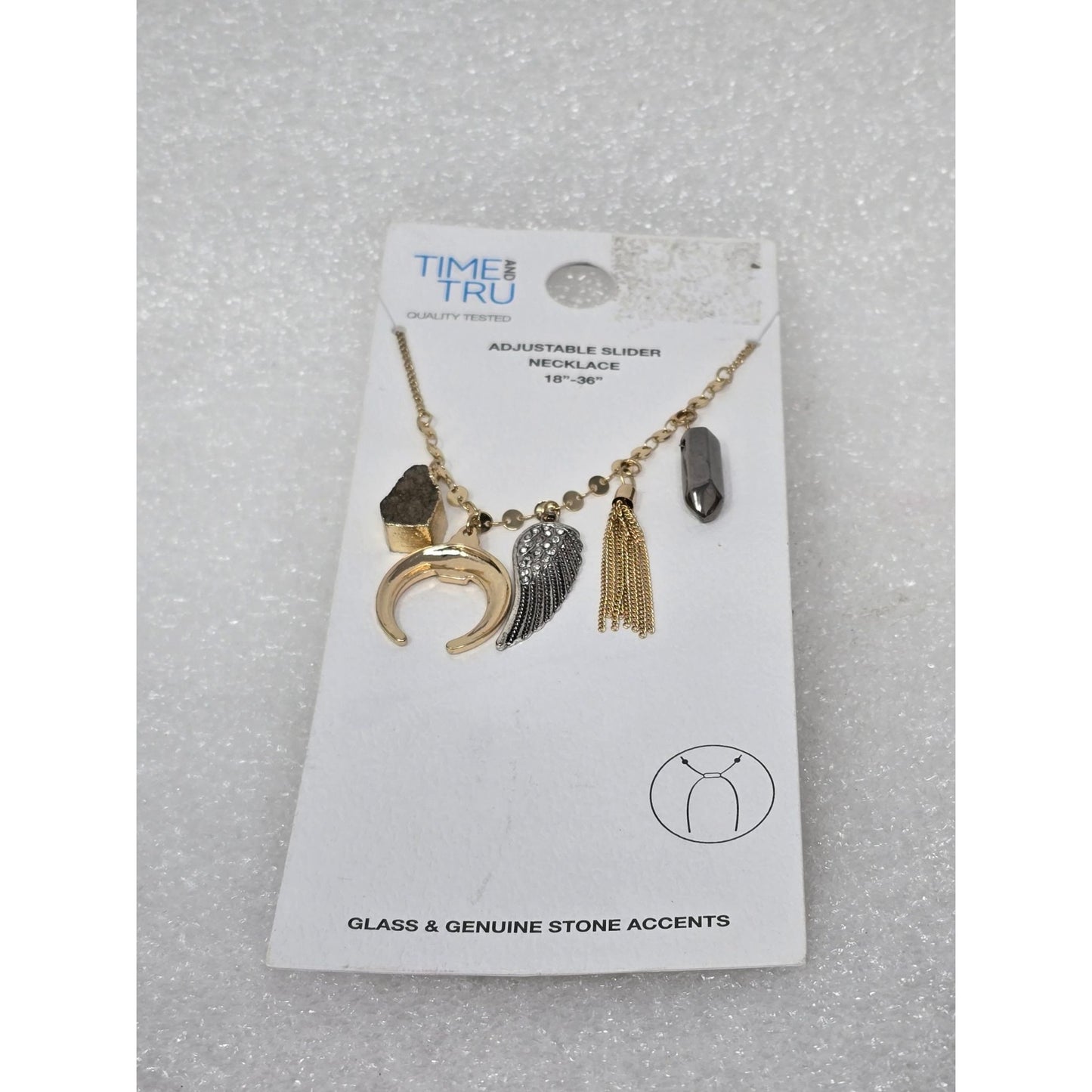 Time And Tru Adjustable Slider Necklace 18"-36" Glass & Genuine Stone Accents
