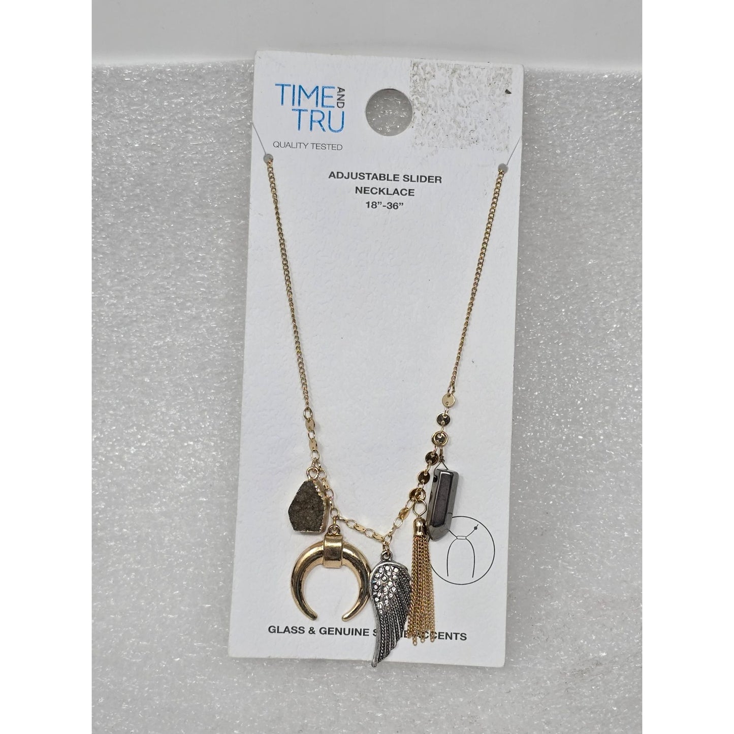 Time And Tru Adjustable Slider Necklace 18"-36" Glass & Genuine Stone Accents