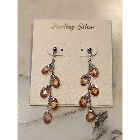 Sterling Silver Drop Earrings With Faceted Amber-Colored Crystal Beads