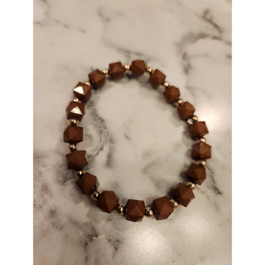 Brown Geometric Beaded Stretch Bracelet With Gold Accents
