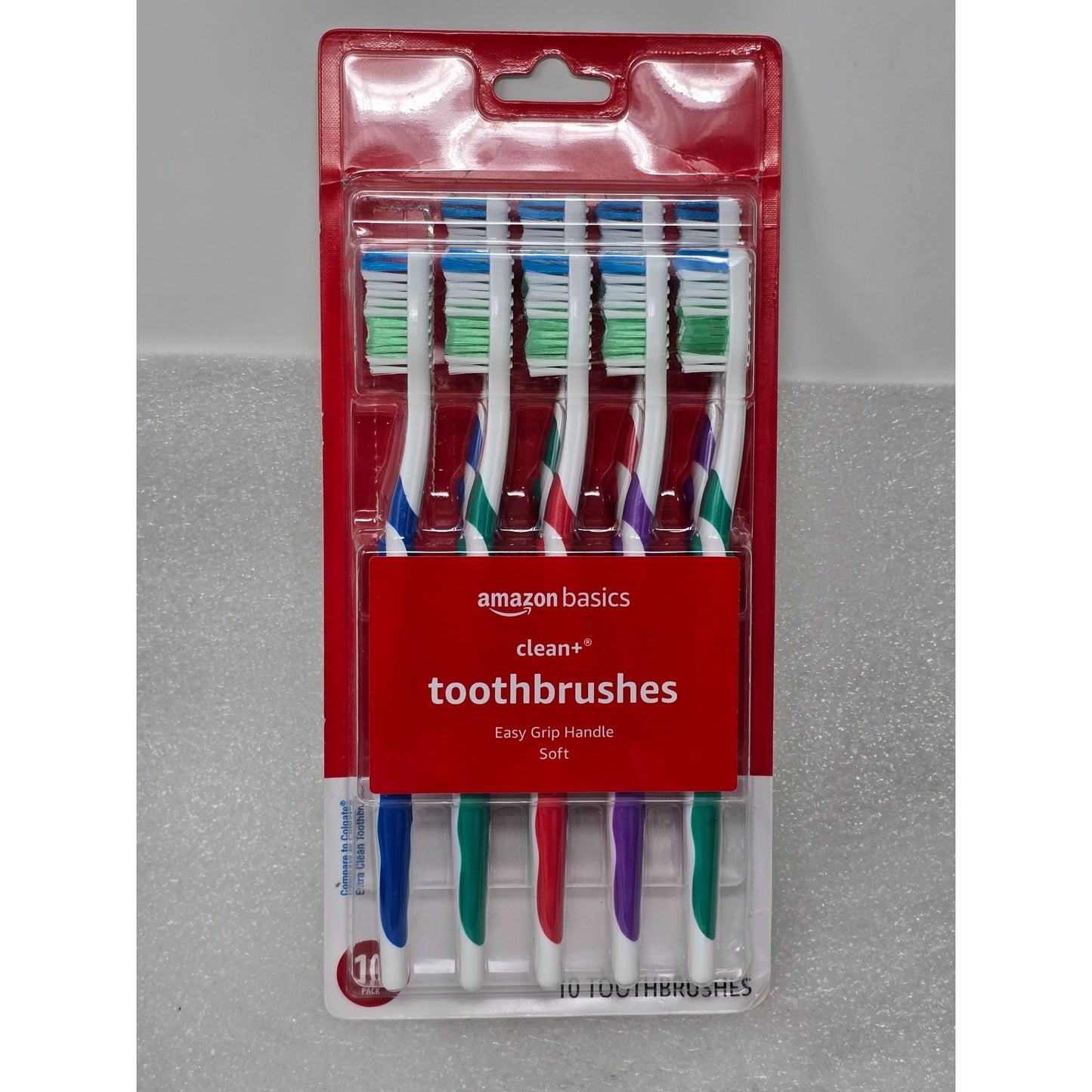 Amazon Basics Clean+ Toothbrushes 10-Pack Angled Soft Bristles Easy Grip Handle