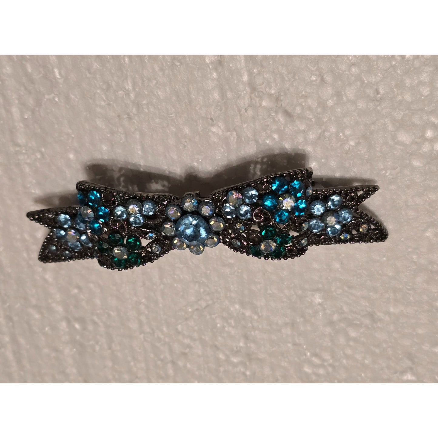Blue & Green Rhinestone Bow Hair Clip Barrette Metal Backing