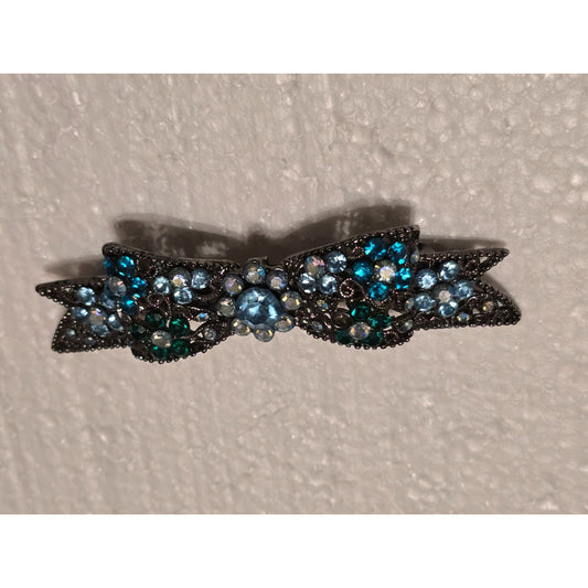 Blue & Green Rhinestone Bow Hair Clip Barrette Metal Backing