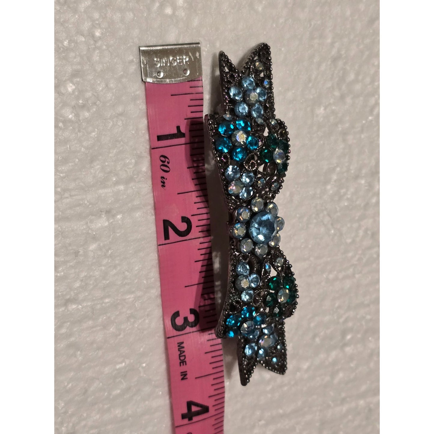 Blue & Green Rhinestone Bow Hair Clip Barrette Metal Backing