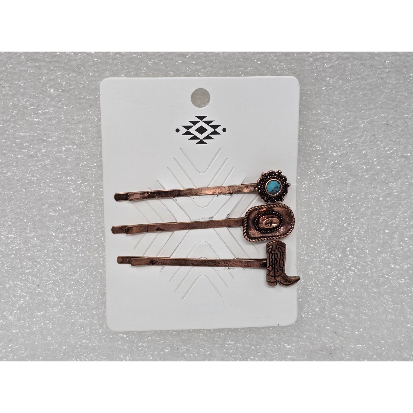 Western Copper Tone Hair Pins Faux Turquoise & Cowboy Boot Design Set Of 3